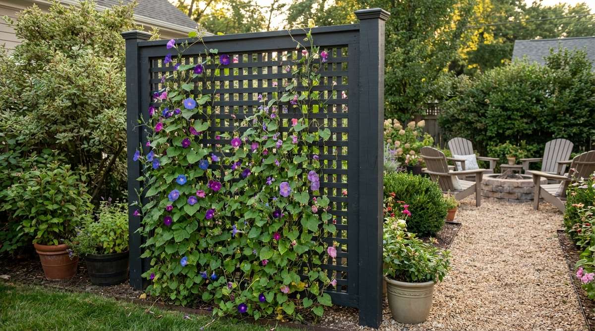 A freestanding lattice screen covered in annual vines like morning glories or sweet peas, providing instant and seasonal privacy in a cozy garden. The lattice spacing allows for adjustable coverage density, with dark-toned paint highlighting the lush foliage.