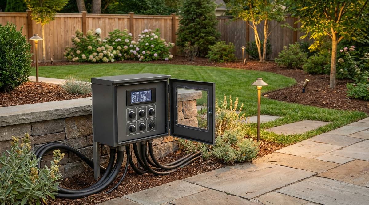 A weatherproof low-voltage transformer hub distributing 12V power to multiple outdoor lighting zones, with digital regulation to maintain consistent brightness and modular controls for scheduling and dimming.