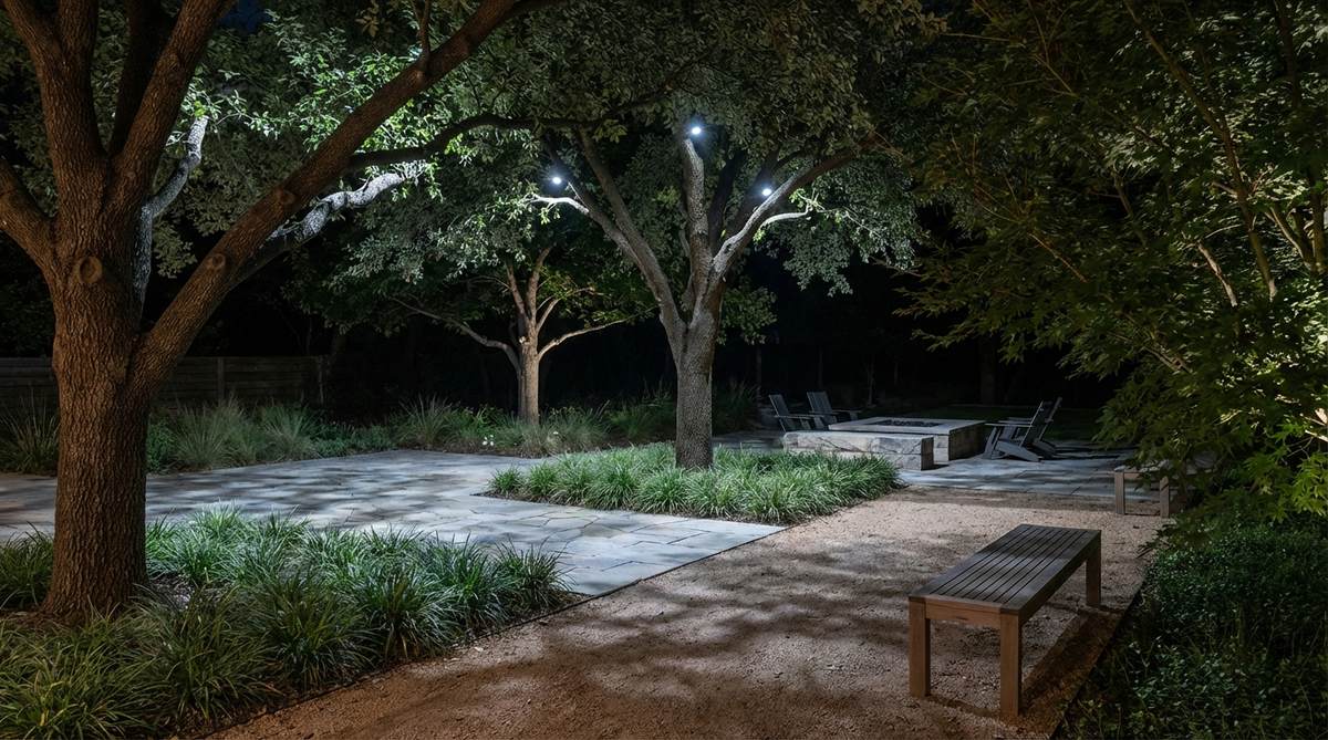 A minimalist garden scene with fixtures mounted high in tree branches, casting dappled light downward to mimic natural moonlight. The effect creates gentle shadows and soft illumination, requiring minimal fixtures to light large areas while keeping equipment out of view during daytime.
