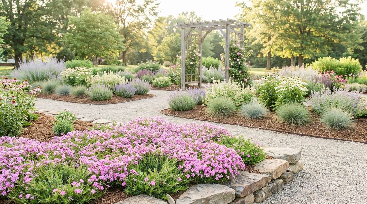 A vibrant close-up of Moss Phlox (Phlox subulata) showing its dense mat of pink flowers with evergreen foliage, perfect for rock gardens and slopes with full sun exposure.