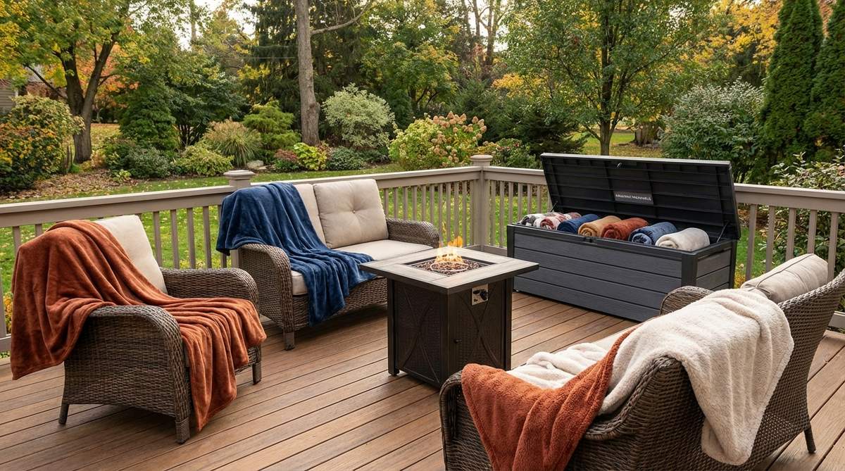 Acrylic or fleece outdoor throw blankets draped over balcony furniture, adding warm textural layers and color to extend the balcony season into cooler months. Machine-washable options shown for easy maintenance, with some blankets stored in waterproof storage benches.