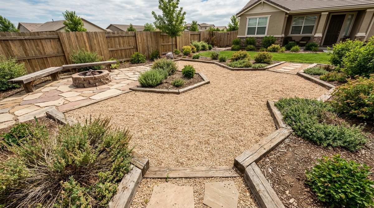 A small garden backyard featuring a pea gravel courtyard with smooth, soft-textured surfaces that provide excellent drainage. The loose gravel material is installed in irregular spaces where rigid pavers wouldn't fit, demonstrating easy installation with landscape fabric and compacted layers, edged with metal or timber borders.