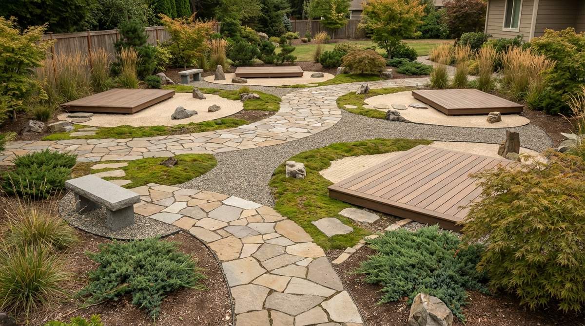 A circuit path looping through a zen garden yard, connecting different meditation stations with varied materials like gravel, stone, and moss for changing tactile sensations underfoot.