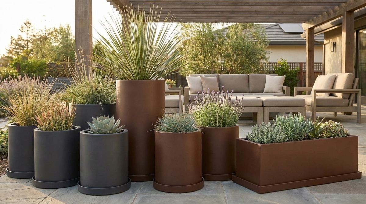 Cylindrical and rectangular powder-coated metal planters in matte charcoal or rust brown finishes, designed to complement modern garden furniture. Lightweight for easy rearrangement, featuring drainage holes and catch trays to protect surfaces, with durable powder coating that resists chips and scratches. Ideal for grouping varied heights to create visual rhythm and suitable for sun-loving plants due to metal's heat conduction properties.
