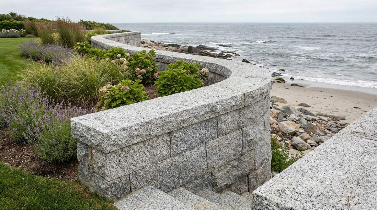 A salt-and-pepper granite coastal wall with crystalline structure that withstands maritime exposure. Features thermal finish for slip resistance on horizontal surfaces and speckled appearance that disguises water spots and weathering. Ideal for seaside properties requiring durable igneous stone performance in salt air environments.