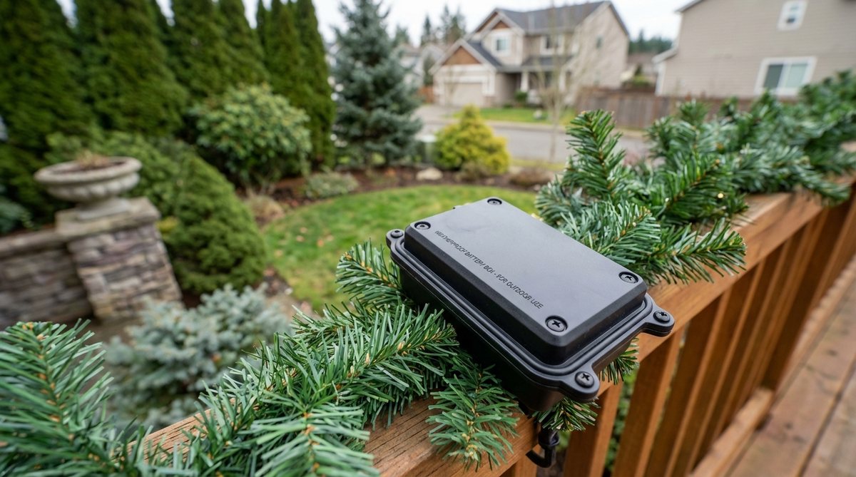 A close-up view of a weather-resistant battery compartment on outdoor Christmas decor, showing rubber gaskets and sealed construction to protect against moisture during balcony holiday displays.