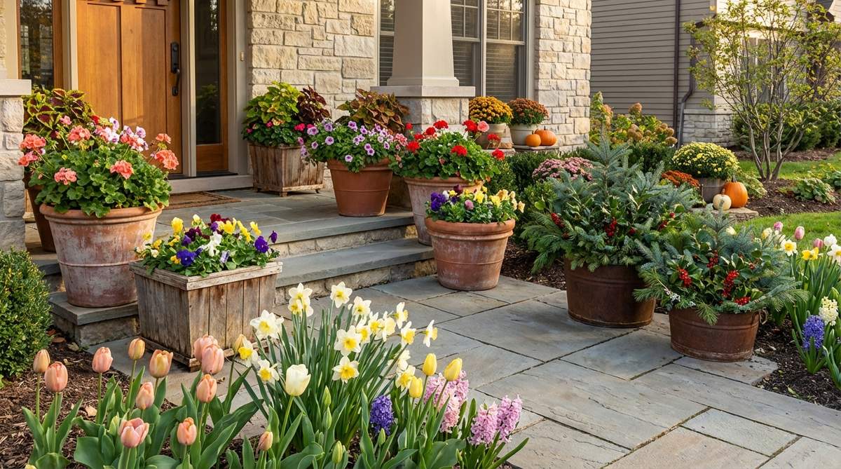 A front yard garden design showcasing seasonal container rotation with spring bulbs, summer annuals, fall mums, and winter evergreen arrangements to maintain fresh color at the entry throughout the year.