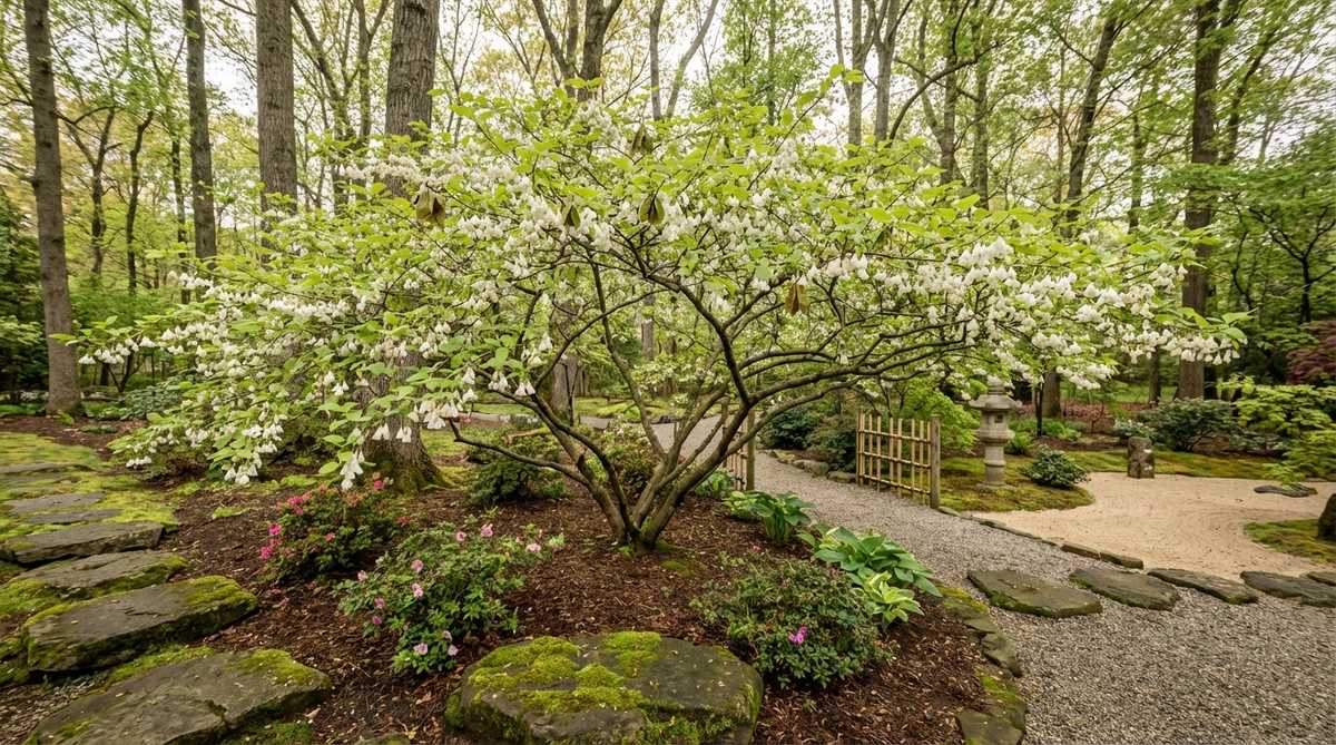 A Silverbell tree (Halesia species) in a Japanese garden setting, showcasing its delicate pendulous white bell-shaped flowers that dangle beneath emerging spring foliage. The tree has a pyramidal to rounded form, growing 30-40 feet tall, with four-winged seed pods visible. This understory tree thrives in moist, acidic soil and partial shade, providing excellent transition between sunny and shaded garden areas in zones 5-8.