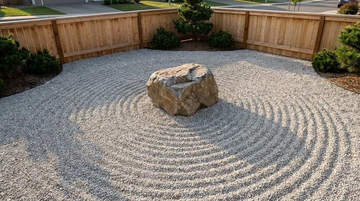 A minimalist Japanese Zen garden design featuring one carefully selected stone rising from raked gravel, creating maximum impact with minimal elements. The singular focal point intensifies contemplative viewing, demonstrating how less achieves more in small courtyard spaces.