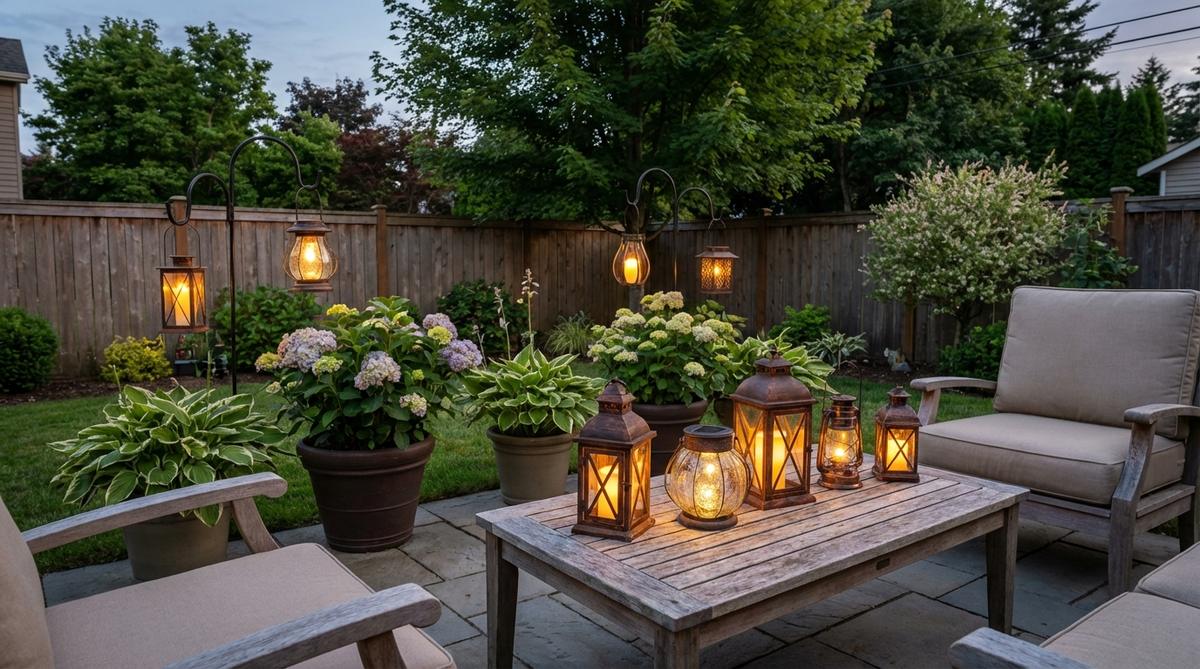 A cluster of decorative solar lanterns arranged on a garden table and hanging from hooks, providing soft ambient lighting in a small garden space. The portable fixtures are positioned to receive direct sunlight for optimal charging.