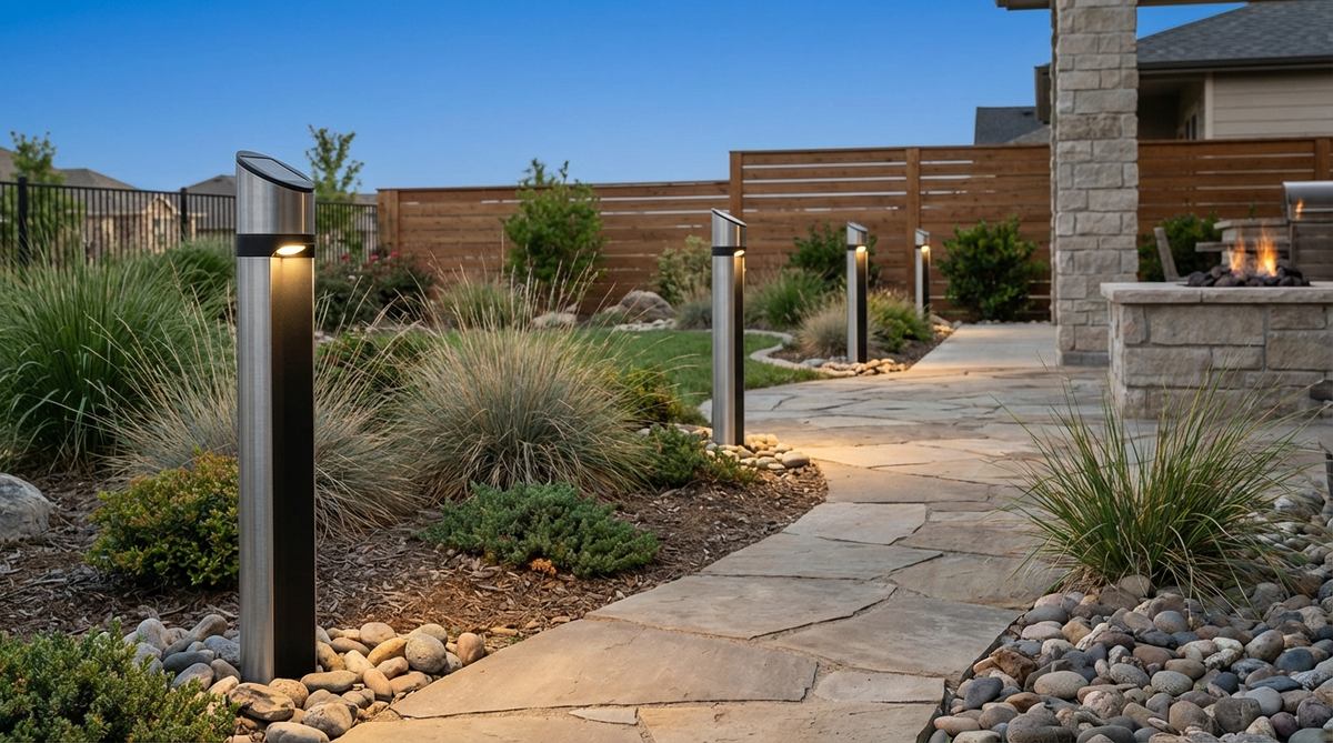 Contemporary solar pathway markers with sleek, sustainable designs that provide illumination without wiring, featuring brushed metal or matte finishes for an elevated aesthetic in updated landscapes.