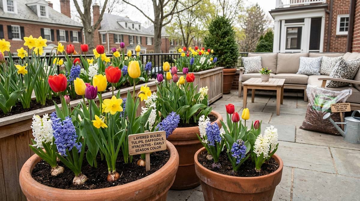 A vibrant display of forced tulips, daffodils, and hyacinths in containers, showcasing layered bulbs at different depths for extended bloom periods on a balcony. This image highlights early season color, proper bulb chilling, and post-flowering care for balcony decor plants.