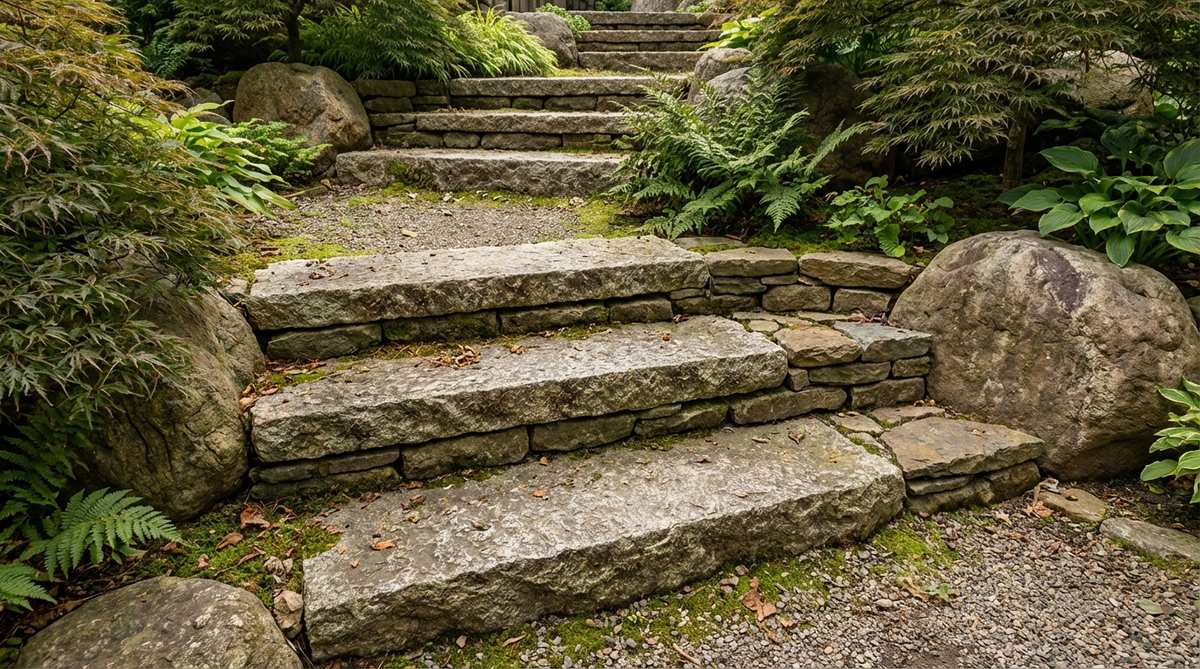 A close-up view of garden stairs constructed with thick stone slabs as treads and smaller stacked stones as risers, showcasing the irregular height and depth that creates an organic character. The weathered granite or sandstone surfaces display natural textures that provide secure, non-slip footing in a Japanese garden setting.