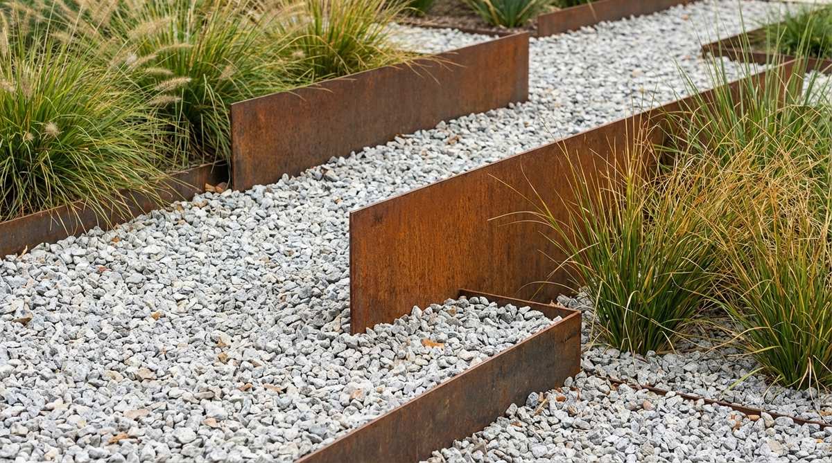 A close-up image showing rusted corten steel plates set vertically or horizontally within a gravel bed, adding industrial aesthetic elements to a gravel garden. The weathered steel displays a rich orange-brown patina that intensifies over time, contrasting effectively with organic plant shapes. The steel edges are buried 6-8 inches deep for stability, and the material is durable enough to withstand decades of outdoor exposure without structural deterioration.