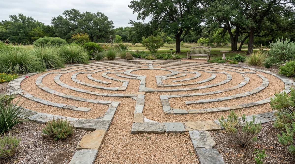 A classical stone labyrinth meditation space featuring traditional seven-circuit patterns created with stone borders and gravel paths. This contemplative garden feature provides a meditative walking experience with spiritual dimension, suitable for wellness centers and public gardens. The stone-edged labyrinth requires careful planning but creates a profound landscape element for peaceful reflection.