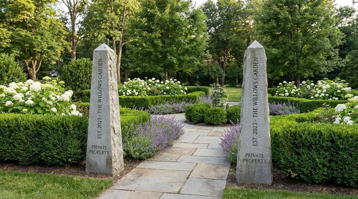 A pair of tapered stone obelisk markers flanking a garden pathway, made from durable granite with engraved property details, standing 4 feet tall in a formal landscape design.