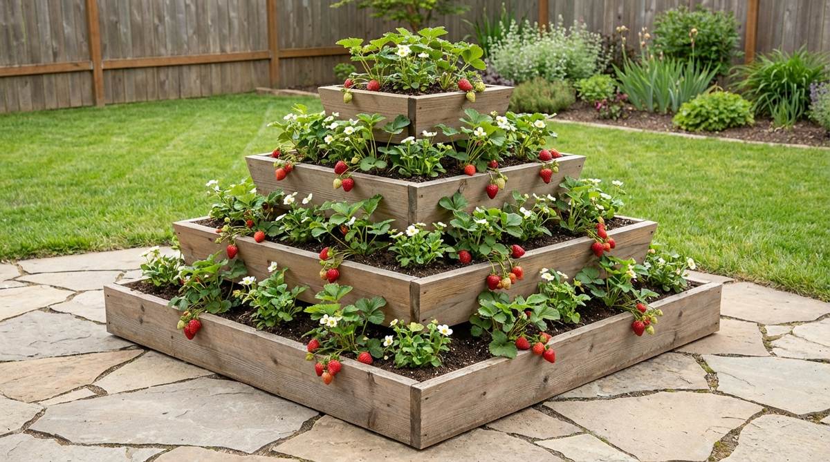 A tiered wooden pyramid structure with multiple planting levels, showcasing cascading strawberry plants in a compact 4-foot garden footprint. The stepped design improves air circulation and allows for easy harvesting at different heights, making it both ornamental and productive for small spaces.