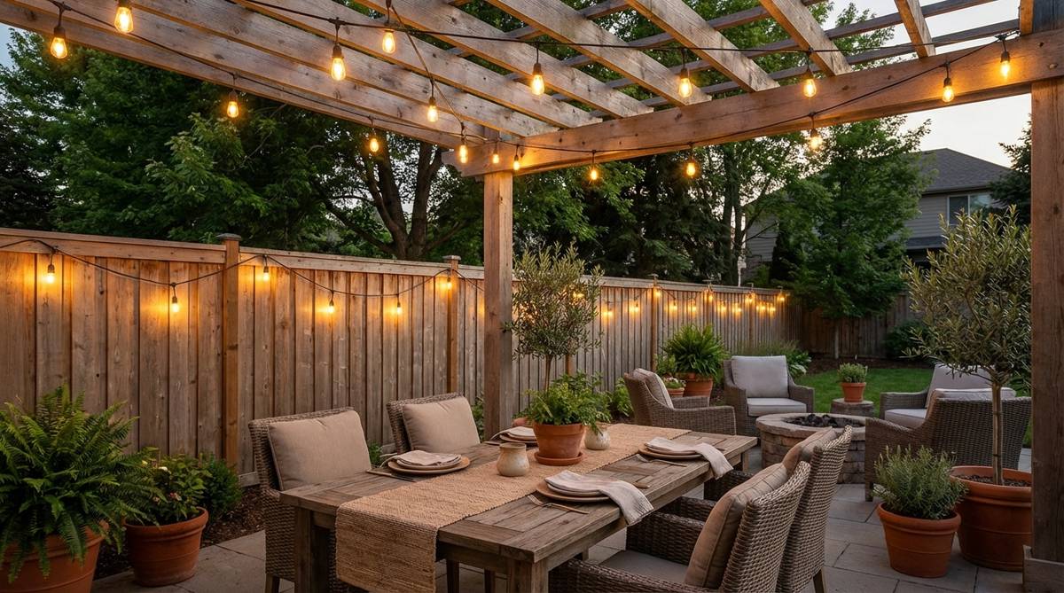 Warm-white outdoor string lights draped across a wooden pergola or fence line, creating ambient lighting for evening outdoor living. The soft glow from warm-toned bulbs provides intimate atmosphere perfect for modern boho decor, outdoor dining, and conversation.