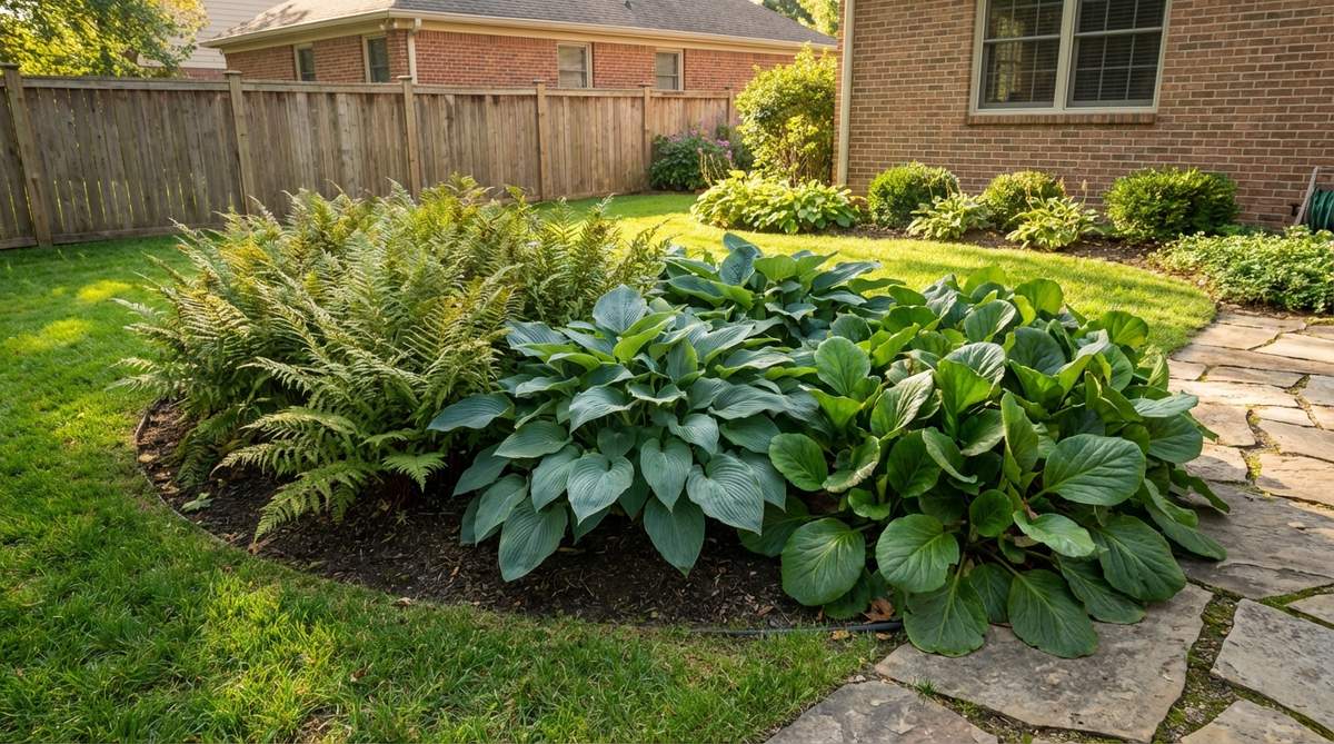A garden design example showing fine-textured ferns paired with bold-leaved hostas and broad-leaved bergenia to create visual interest through texture contrast in a small backyard space, demonstrating the one-third rule for balanced planting.