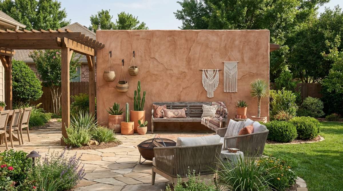 A textured plaster or limewash accent wall in warm cream or earthy terracotta tones, showcasing organic, irregular surfaces with subtle dimension. This European-inspired finish provides a sophisticated background that complements layered boho decor.