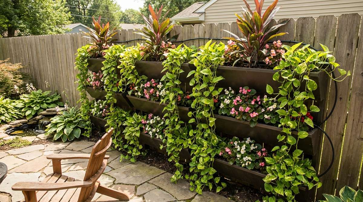 A vertical gardening setup featuring stacked planters on a wall or fence, filled with cascading pothos, upright cordylines, and flowering begonias. This tiered planter wall creates privacy in confined spaces and uses drip irrigation for low-maintenance care, ideal for tropical gardens.