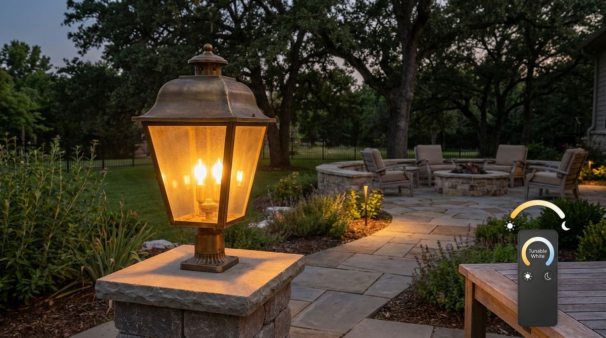 A garden decor light fixture with tunable white technology, adjustable from warm amber (2200K) to cool daylight (6500K) to mimic natural light cycles and enhance outdoor ambiance.