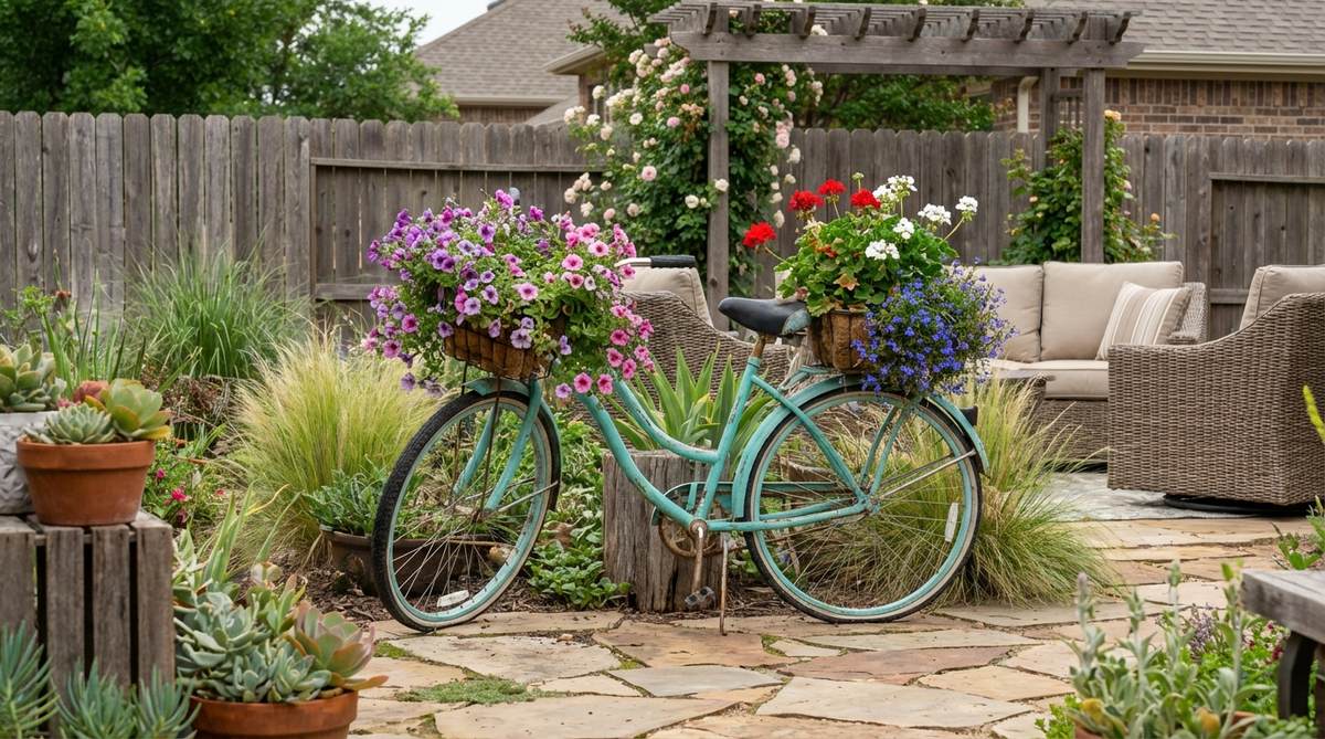 A repurposed vintage bicycle planter overflowing with trailing petunias, ivy geraniums, and lobelia in a boho garden. The turquoise-painted frame adds whimsical vertical interest with baskets mounted on handlebars and rear rack.