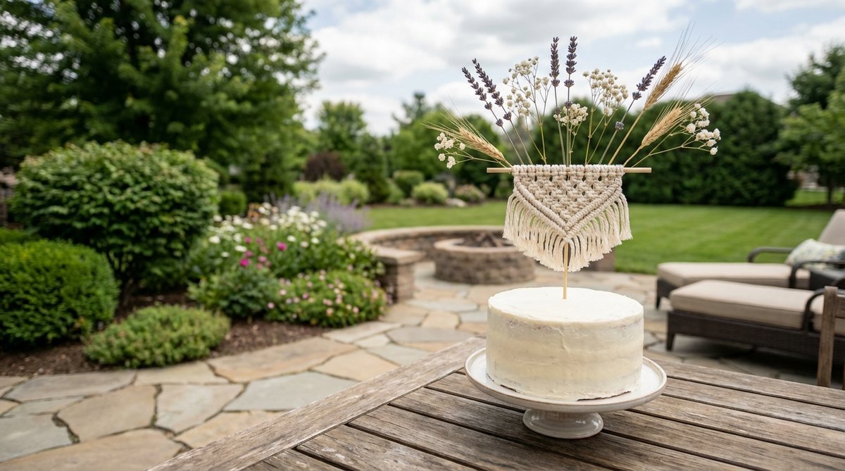 A delicate macrame cake topper with dried wildflowers on wire stems, adding a boho wedding decoration element to simple cake designs. The lightweight vertical piece requires proper support when extending beyond the cake's diameter.