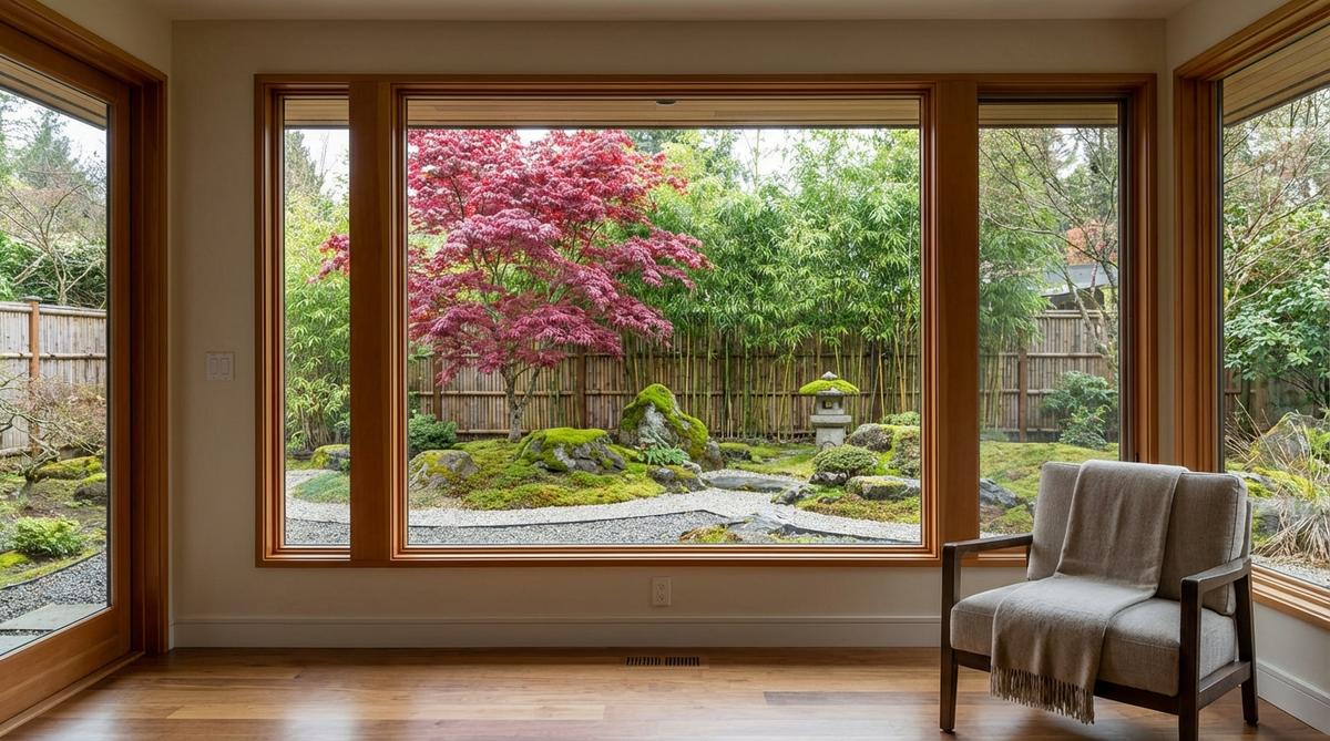 A picture window frames a Japanese garden vignette, such as a maple tree against bamboo, creating living art that changes with time and seasons. The garden is designed specifically for this framed view, with central elements commanding attention and edges less refined outside the frame.