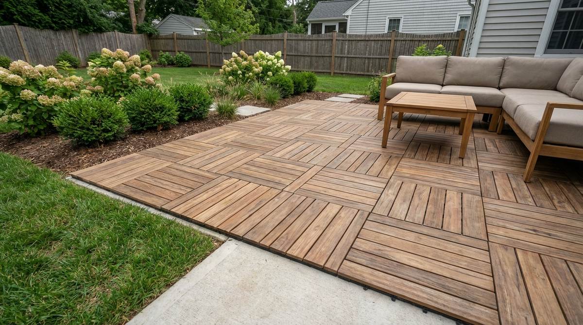 Interlocking wooden deck tiles that snap together over existing surfaces, ideal for converting concrete patios to wood decks without demolition. Made from rot-resistant materials like teak or composites, they install without tools or adhesives and can be removed for storage during harsh winter conditions.