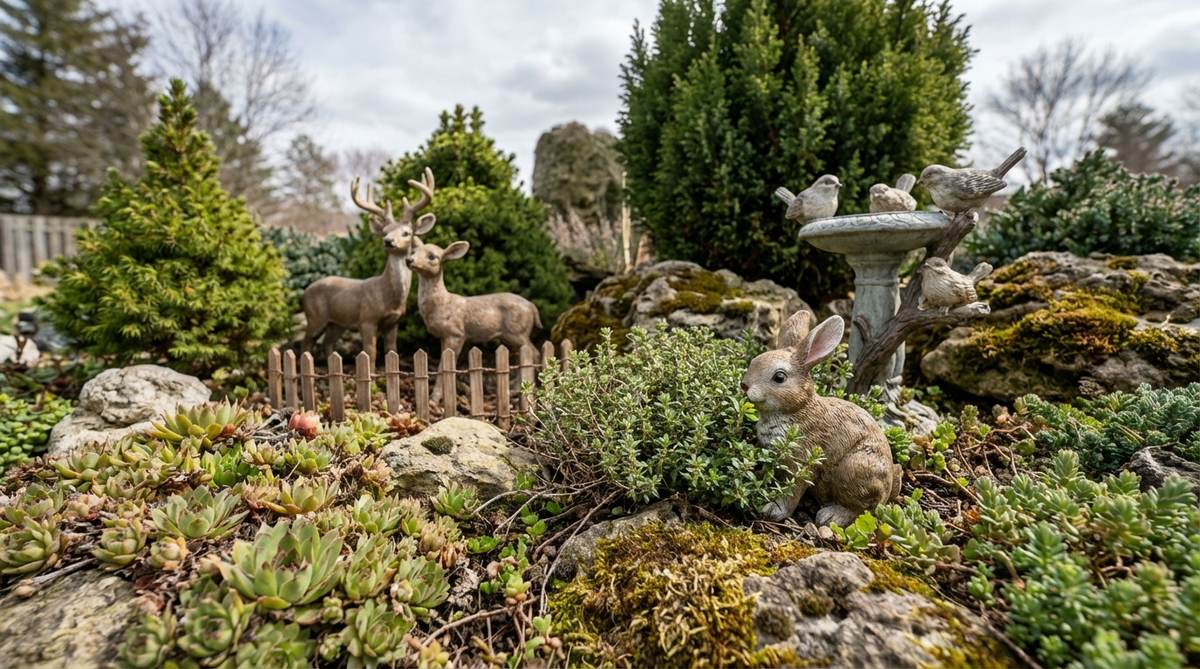 A miniature garden scene featuring durable resin or metal animal figurines such as birds, rabbits, deer, and domestic animals positioned in natural behaviors. These figurines add life and movement to static plantings, creating storytelling opportunities and establishing a garden ecosystem that children often engage with by naming the resident creatures.