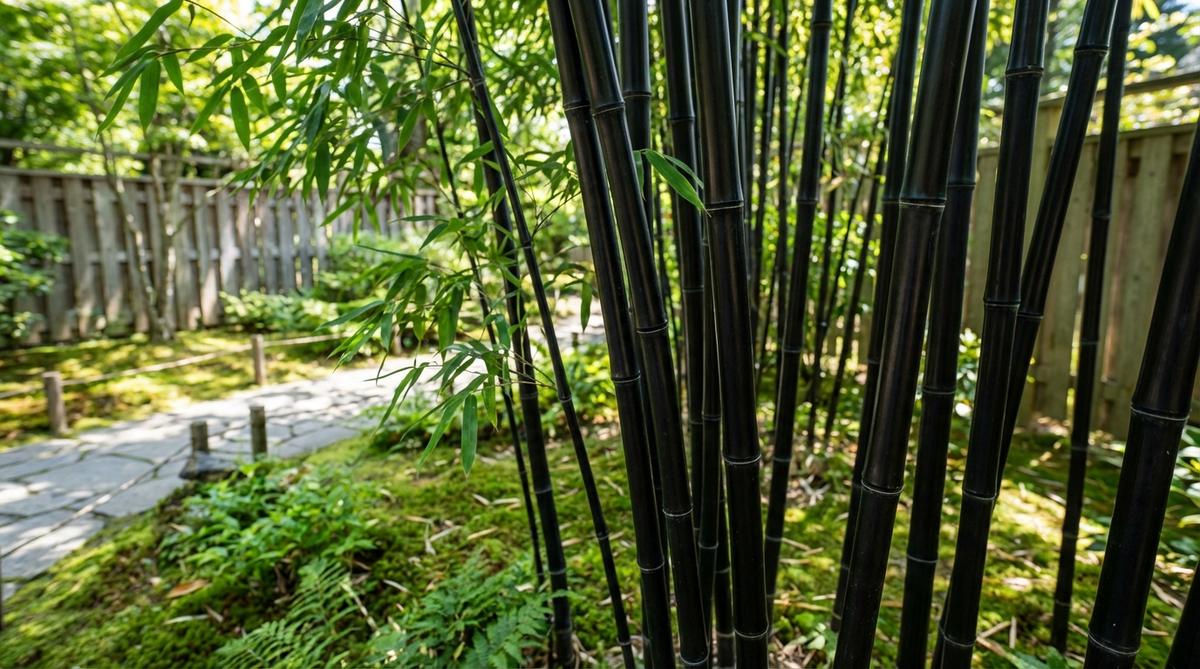 A close-up photo of black bamboo (Phyllostachys nigra) showing its distinctive jet-black culms that develop over 2-3 years, creating striking contrast against the green foliage. The slender, elegant culms reach 20-35 feet tall, making this running bamboo ideal for smaller Japanese gardens. The image captures the refined appearance suitable for viewing gardens, with the black color intensifying in sunlight as mentioned in the article about Japanese garden trees.