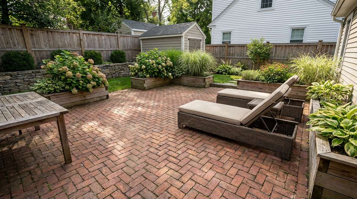 A traditional brick herringbone pattern patio in a small garden backyard, showcasing the timeless design with superior interlock strength. The angled layout adds visual interest and directional flow, ideal for creating a durable and aesthetically pleasing outdoor space.