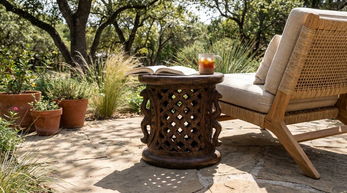 A carved wooden stool serving as a side table in an Afro Boho decor setting, featuring traditional African geometric cutouts and sculptural silhouettes. The stool is positioned beside a lounge chair, holding a beverage or book, with natural wood tones in walnut, teak, or mahogany that reinforce earth-tone foundations. The three-dimensional carving creates interesting shadow play as sunlight moves across the garden, highlighting its portability and flexibility for use as a plant stand or extra seating.