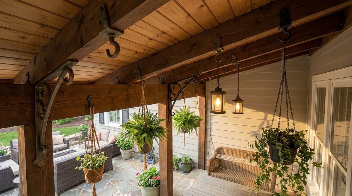Decorative ceiling hooks and brackets installed on a porch ceiling, showing various finishes and styles for hanging plants, swings, or lighting fixtures. The hardware is securely mounted to ceiling joists with proper load-rated fasteners, blending functionality with attractive design elements.
