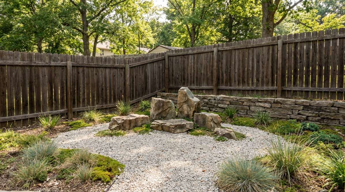 A miniature dry landscape in an unused corner, featuring a single stone group and limited gravel area, framed by architectural walls for an intimate viewing experience in a Japanese Zen garden setting.