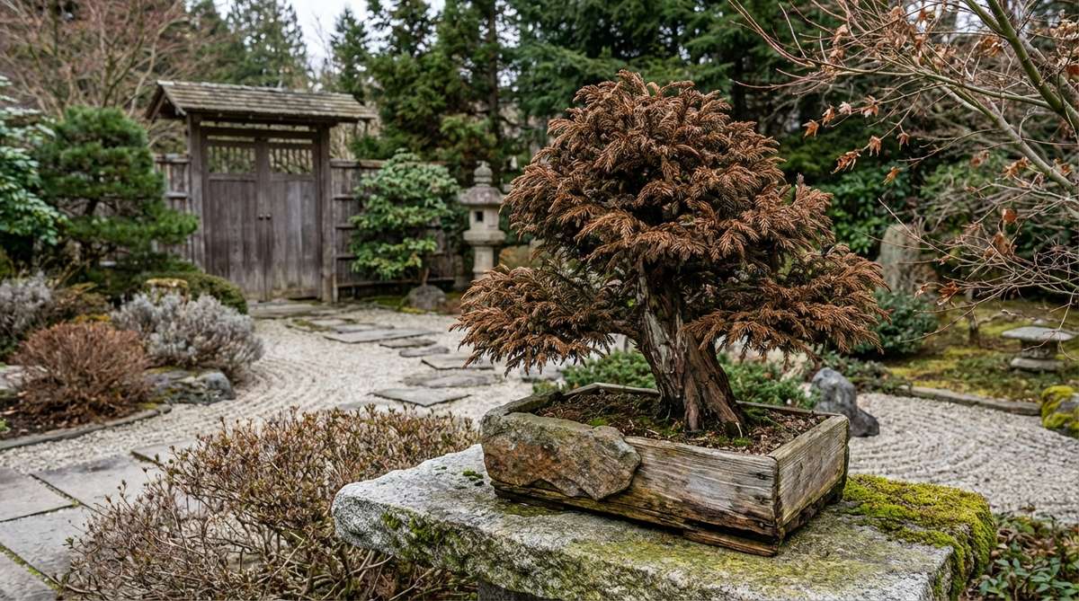 A Cryptomeria japonica bonsai with awl-shaped leaves and bronze winter coloration, showcasing unique texture and seasonal interest in a Japanese garden setting.