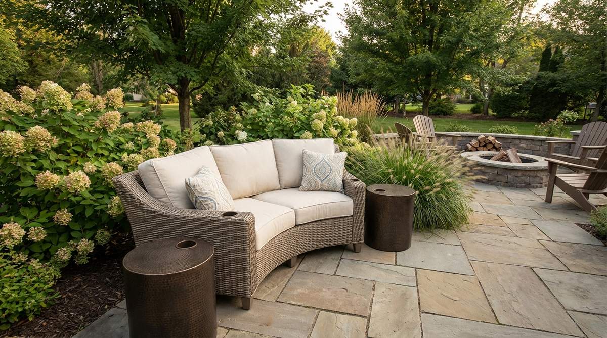 A compact curved corner loveseat designed for small garden spaces, featuring gentle radiused edges that nestle into corners with soft curves instead of hard angles. The flowing lines enhance visual interest and improve traffic flow around seating areas. Perfectly paired with small round side tables that complement the curved aesthetic while maintaining space efficiency.