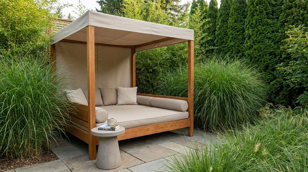 An outdoor daybed with a canopy cover, positioned away from main paths for privacy and tranquility, surrounded by tall plantings or screens to create a secluded meditation or reading nook in a contemporary garden setting.