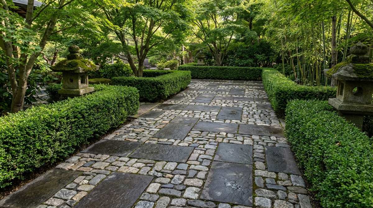 A close-up photograph showing decorative cobblestone fill between formal paved areas in a Japanese garden. The tightly fitted cobblestones create texture and visual complexity with varied shapes and orientations, balancing structure and spontaneity in a semi-formal pathway while softening rigid stone borders.