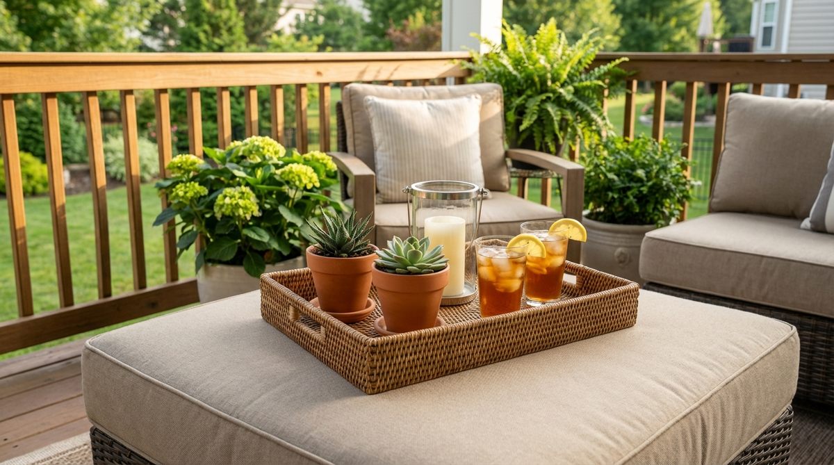 A decorative tray made of rattan, metal, or wood, used to organize small items like candles, planters, or drinks on a balcony. It adds surface interest and can be placed on an ottoman to create a stable coffee table surface, preventing items from scattering in the wind.