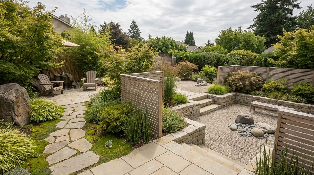 A zen garden design featuring distinct zones separated by partial screens, level changes, and plant masses, creating separate contemplative spaces with limited sightlines for progressive scene reveals.