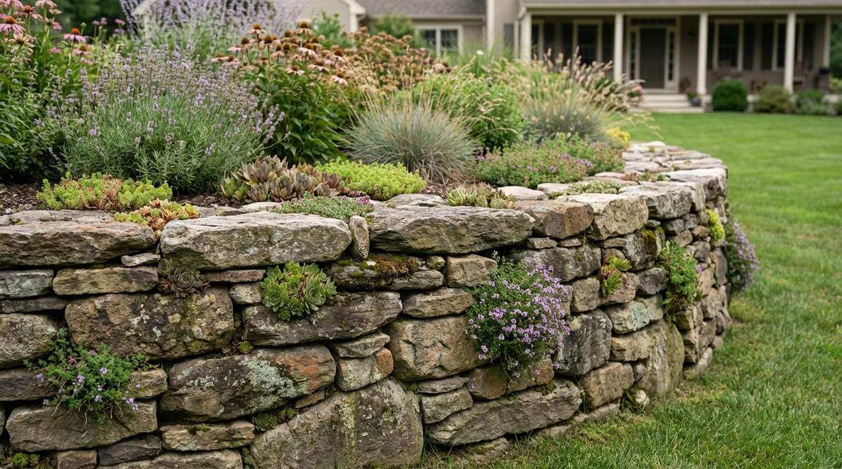 A low dry-stacked stone wall built without mortar, featuring native stones that develop character over time with gravity settling and weather patina. The wall serves as a retaining structure, creating planting opportunities in crevices for sedums, sempervivums, and creeping thyme, which help stabilize and soften the hard surfaces. It also provides thermal mass to moderate temperatures for adjacent plants in a cottage garden setting.