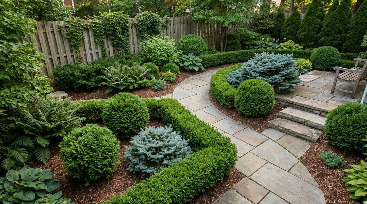 Illustration showing how dwarf conifers, boxwood, and evergreen ferns create year-round structure in a small backyard garden, with examples like 'Hetz Midget' arborvitae and 'Blue Star' juniper for four-season interest.