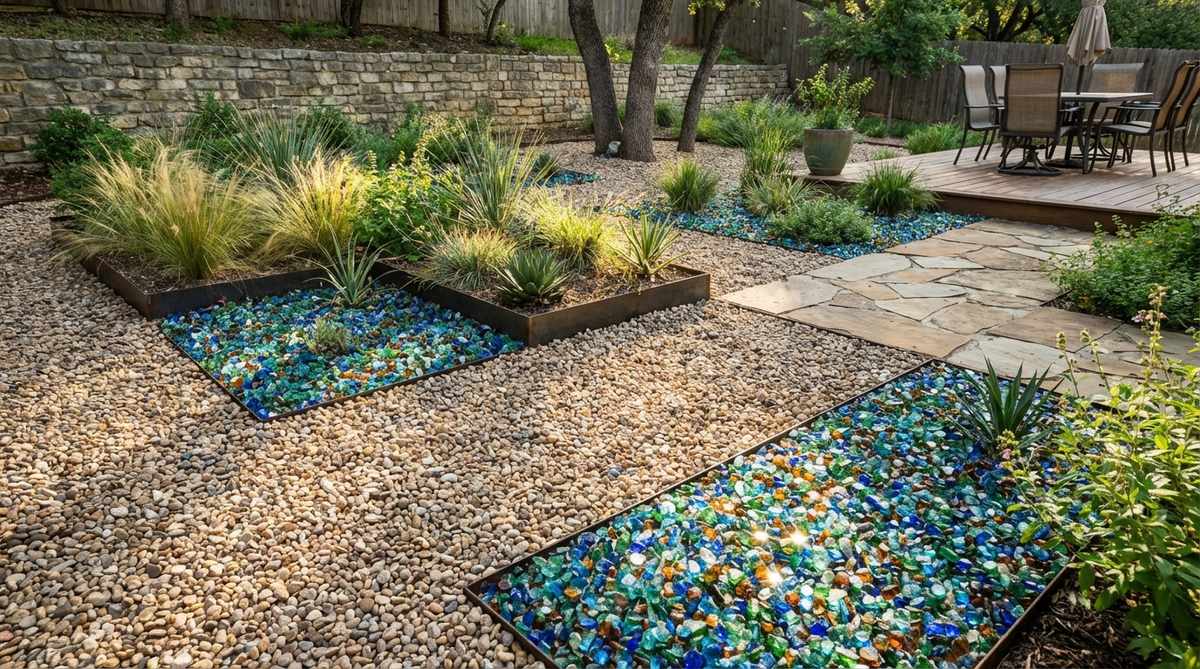 Recycled tumbled glass mulch in vibrant colors creates jewel-like accents within a neutral gravel garden. Small glass areas highlight specific garden features or planting zones, with dramatic light reflection and sparkle effects in sunlight.
