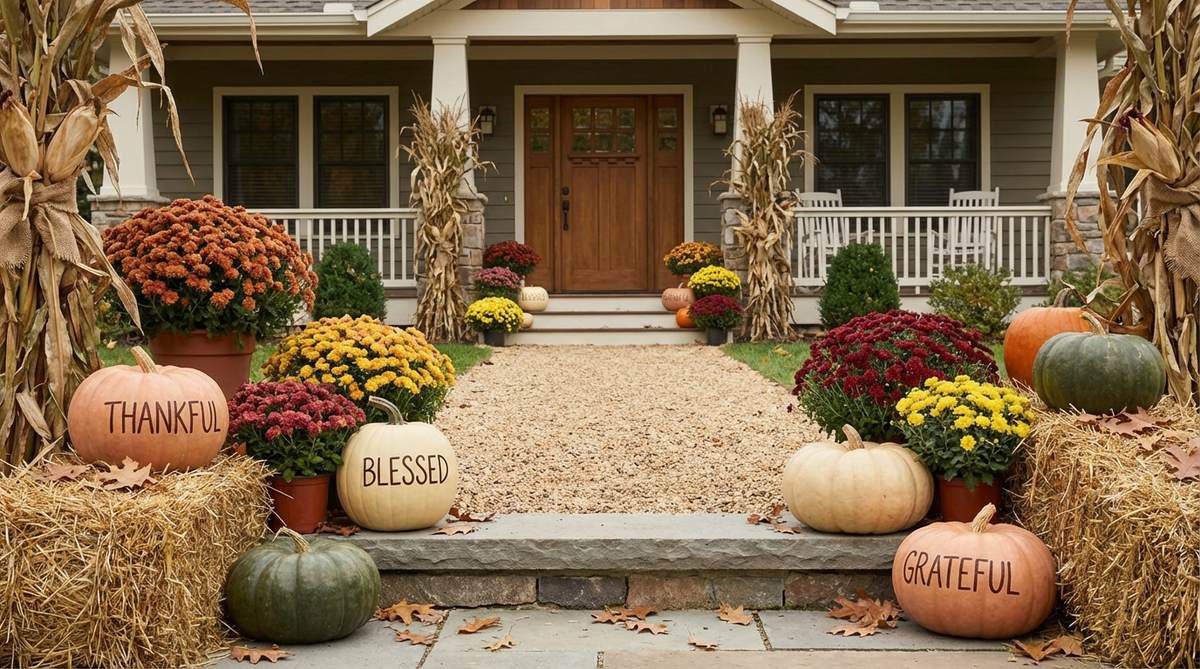 A display of painted pumpkins with gratitude-themed words like Thankful, Blessed, and Grateful, arranged for outdoor fall decor to enhance Thanksgiving arrangements and welcome guests.