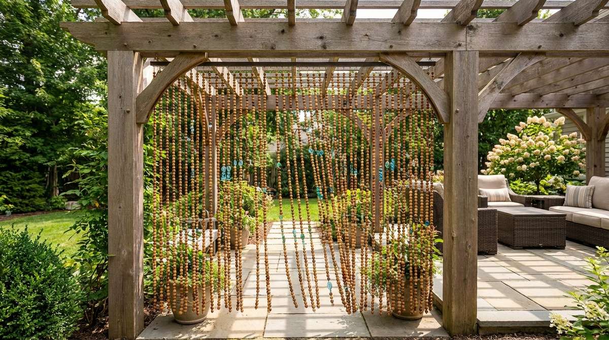 A hanging beads curtain made of wooden or glass beads, suspended in a garden doorway or pergola opening to create a kinetic barrier. The beads produce pleasant clicking sounds and define spaces without blocking views, available in natural wood tones or jewel colors for a boho aesthetic.