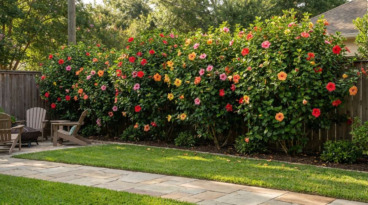 A vibrant hedge of tropical hibiscus plants trained to create a flowering privacy screen 6-8 feet tall, showcasing colorful blooms used for functional screening in tropical gardens.