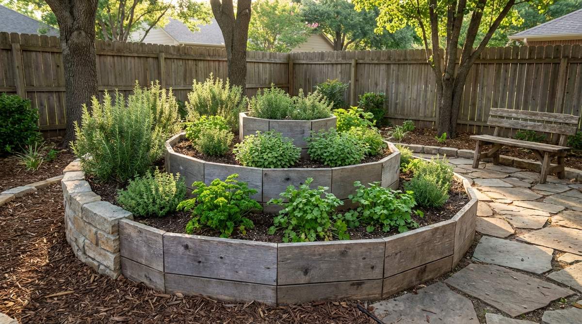 A spiral-shaped raised bed in a small garden space, showcasing multiple microclimates for growing diverse herbs like rosemary, oregano, parsley, and cilantro in a compact footprint.