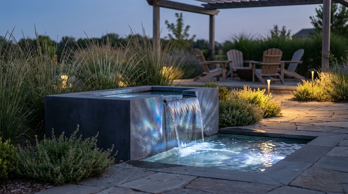A minimalist garden water feature illuminated with submersible LED lights, creating shifting light patterns through moving water. The underwater lighting is properly sealed and positioned to avoid glare from seating areas.
